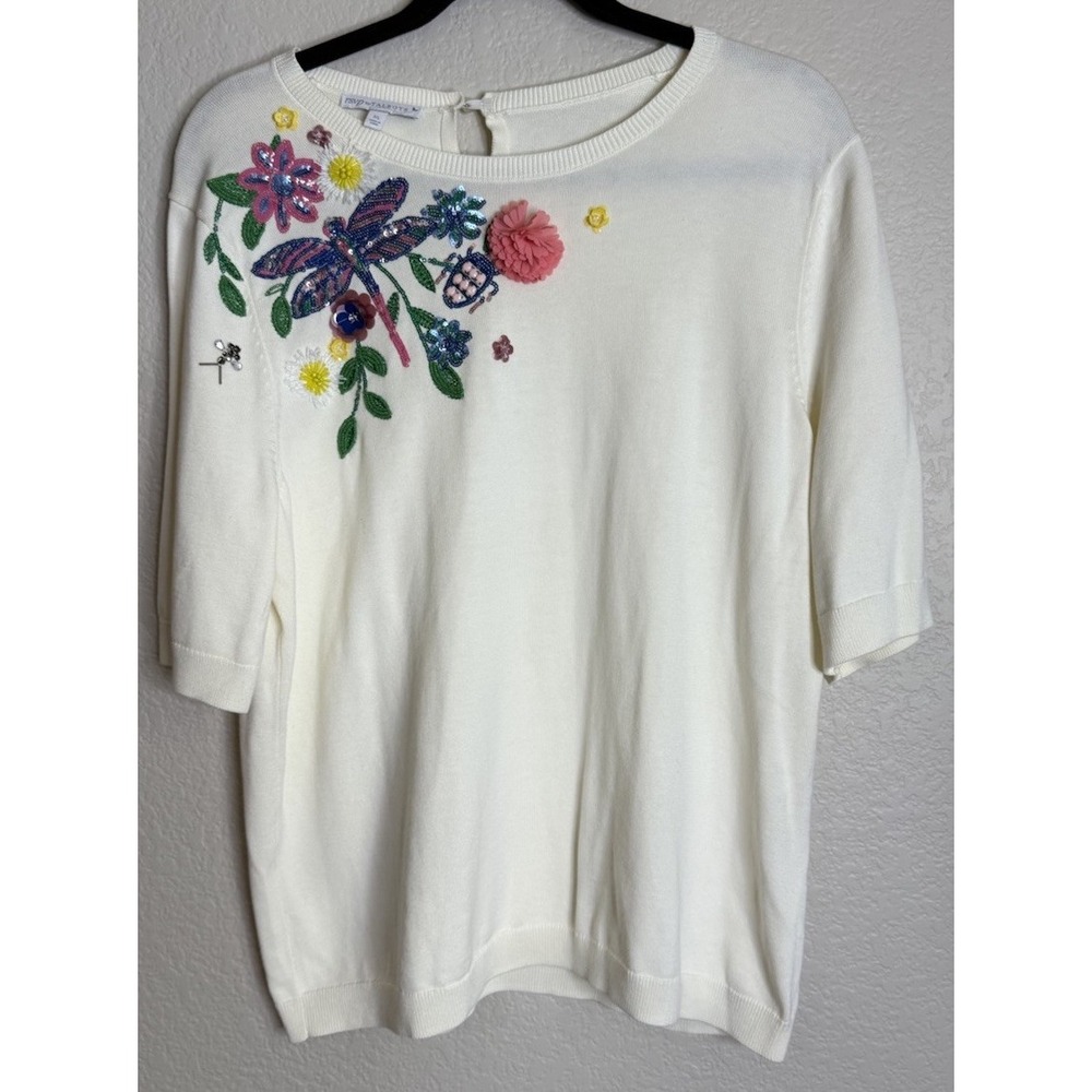 Talbots RSVP Womens XL Sweater Ivory White Dragonfly Floral Beaded Sequin NEW